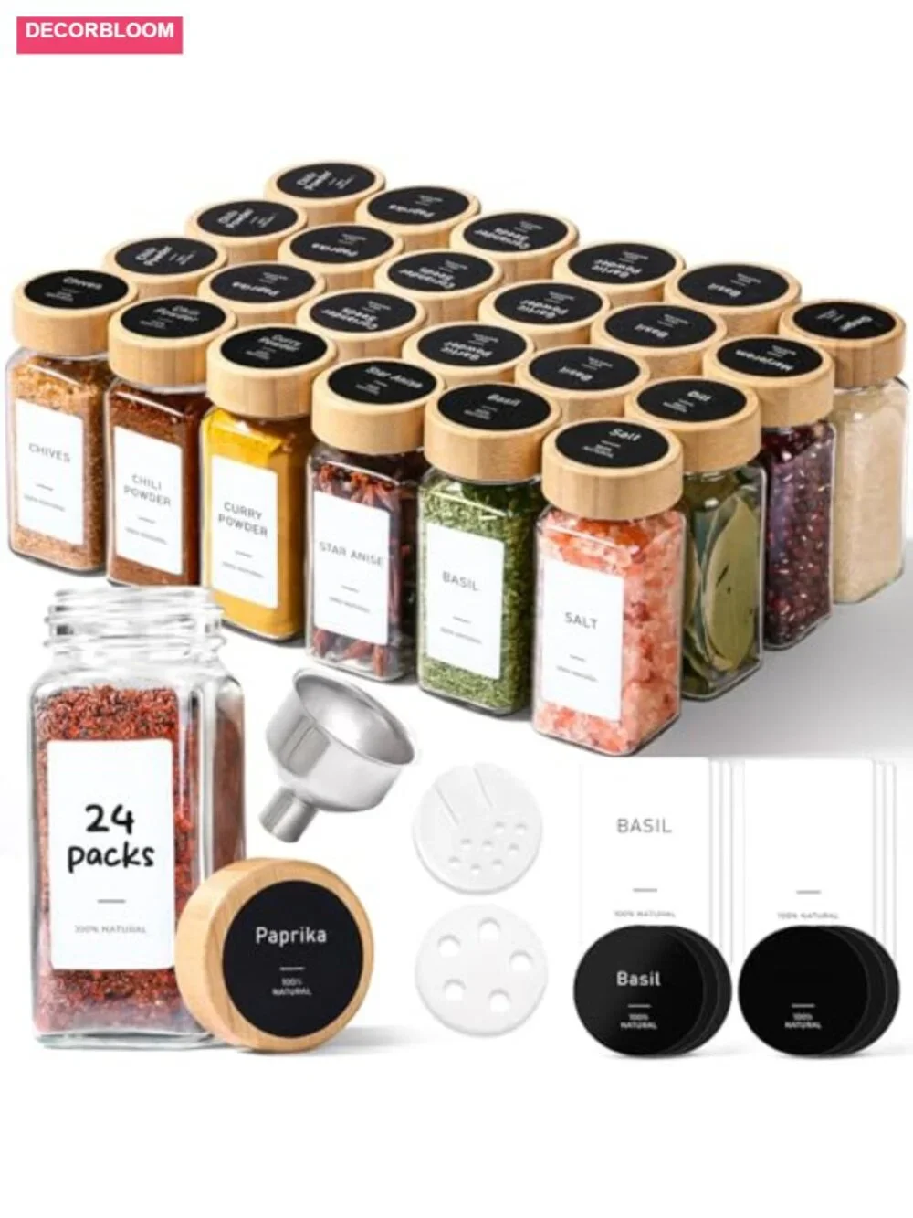 24 Pc Glass Spice Jars Set with Bamboo Lids, Labels, Shaker Inserts, Funnel
